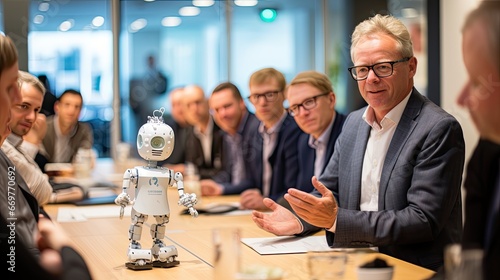 AI-generated illustration of a corporate executive showing the company's new tiny robot to other executives. MidJourney.