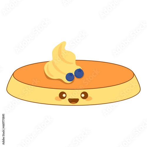 Cute pancake with syrup and various toppings in kawai style. Vector illustration.