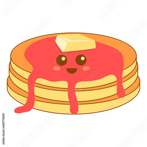 Cute pancake with syrup and various toppings in kawai style. Vector illustration.