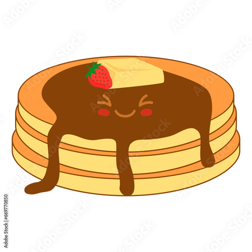 Cute pancake with syrup and various toppings in kawai style. Vector illustration.