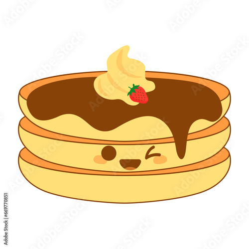 Cute pancake with syrup and various toppings in kawai style. Vector illustration.