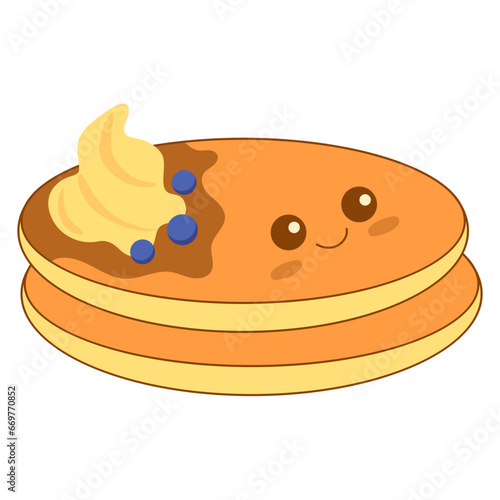 Cute pancake with syrup and various toppings in kawai style. Vector illustration.