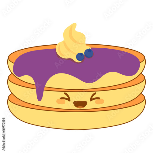 Cute pancake with syrup and various toppings in kawai style. Vector illustration.