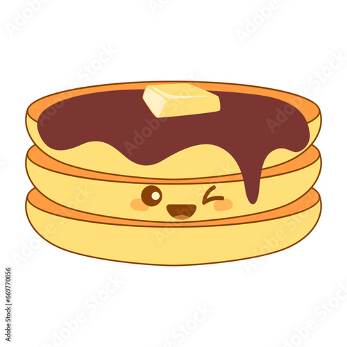 Cute pancake with syrup and various toppings in kawai style. Vector illustration.