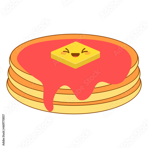 Cute pancake with syrup and various toppings in kawai style. Vector illustration.