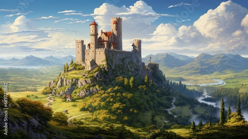 An ancient castle perched on a rugged cliff, overlooking a picturesque countryside photo
