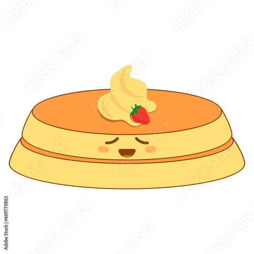 Cute pancake with syrup and various toppings in kawai style. Vector illustration.