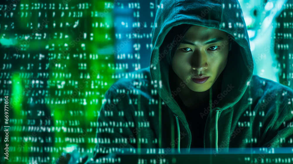 A hacker man in a hoodie sitting with green blurred front screen. Concept of data protection. Ai generative A hacker man in a hoodie sitting with green blurred front screen. Concept of data protection. Ai generative