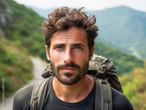 A portrait of handsome guy tourist in beautiful mountain tracking route. Man wear the sport active wear with backpack. Ai generative