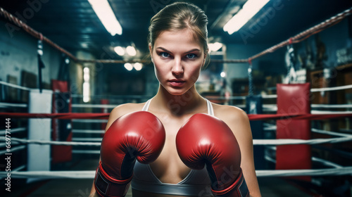 A woman in boxing gloves on a ring. Concept of sport training. Ai generative illustration