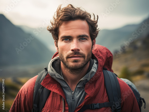 A portrait of handsome guy tourist in beautiful mountain tracking route. Man wear the sport active wear with backpack. Ai generative