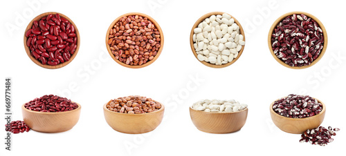 Different raw kidney beans in bowls isolated on white. Collection with top and side views