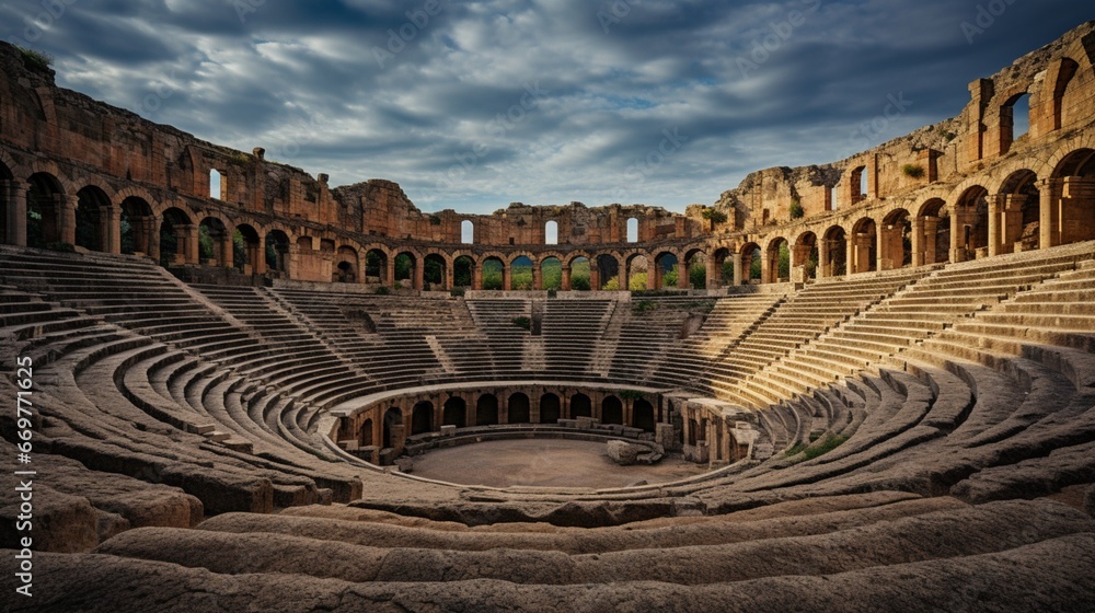 An ancient Roman amphitheater, its weathered stones bearing witness to centuries of history