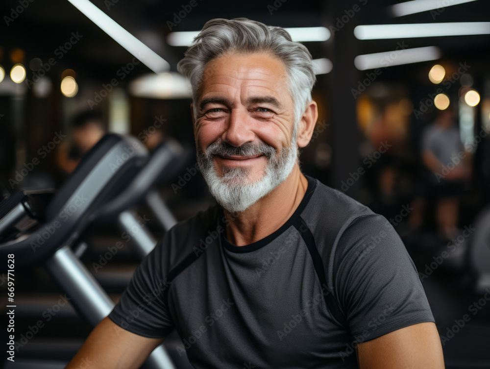 Fototapeta premium Healthy lifestyle for elder people with sport and fitness concept. Old man training in gym. Ai generative illustration