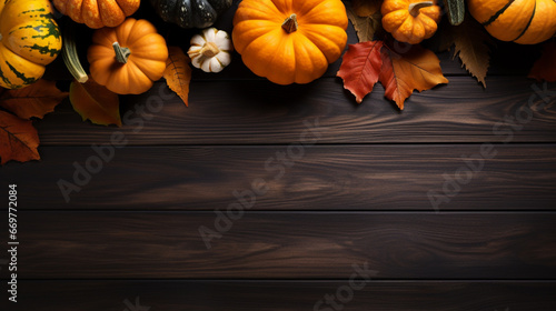 Fall Thanksgiving and Halloween pumpkins, leaves, acorn squash over dark wood table. generative ai photo