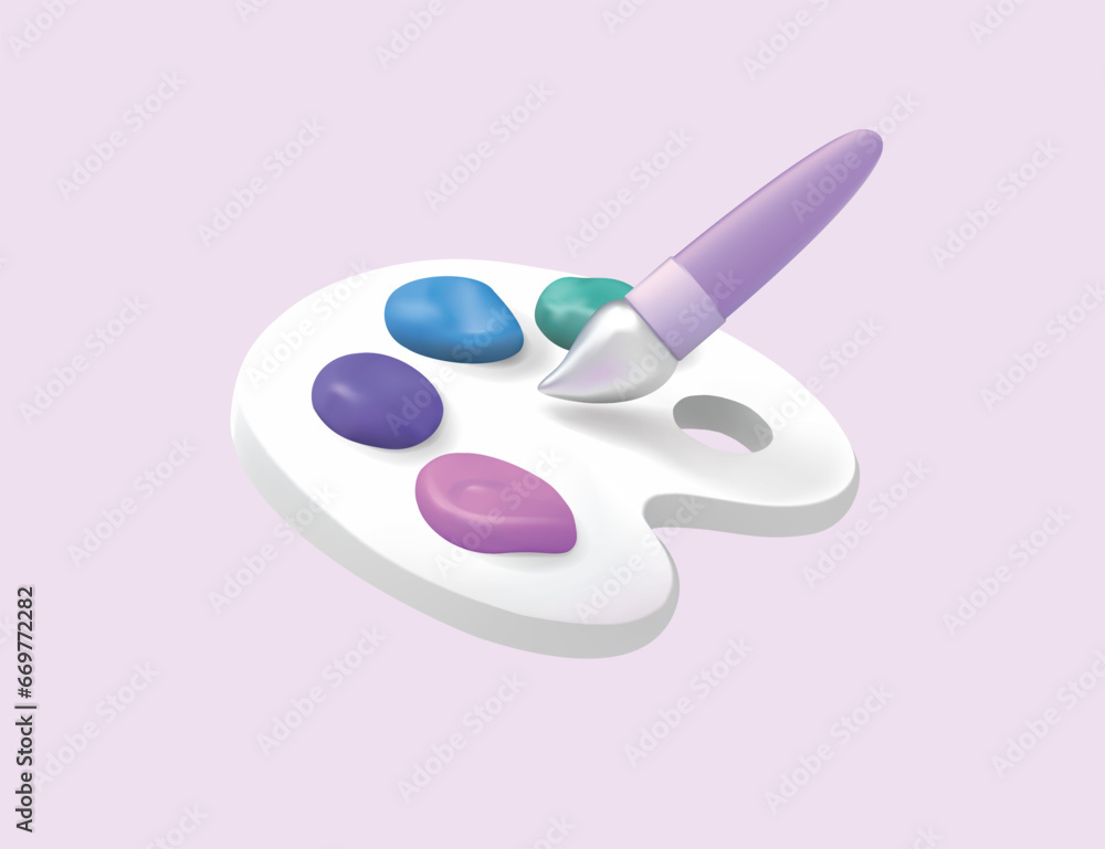 Art pastel color palette with paint brush tool for drawing. 3D Vector realistic design