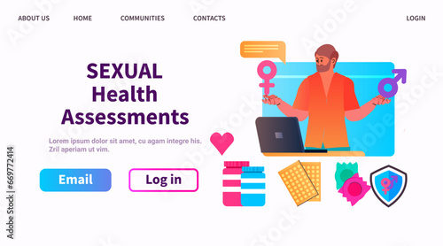 man gives online lecture about sexual health education contraceptive methods contraception virtual sex coaches human sexuality concept