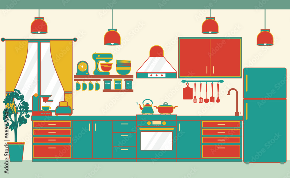 Kitchen Vector Illustration. Black and White Kitchen Drawing. Minimalist Kitchen Design.