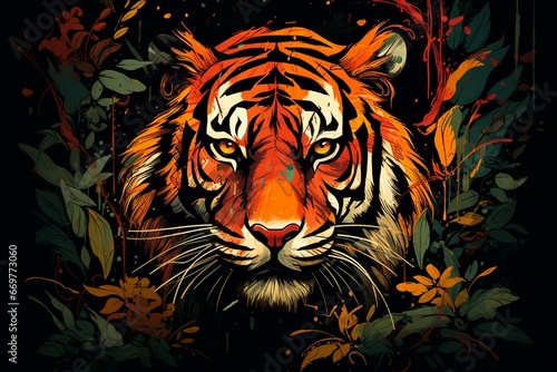 Artistic depiction of a magnificent tiger with a stylish art deco aesthetic. Generative AI