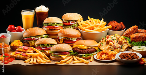 Large set of different fast food, junk food - AI generated image
