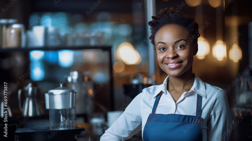 Portrait of young barista woman. Selling smile and coffee. Ai generative Portrait of young barista woman. Selling smile and coffee. Ai generative