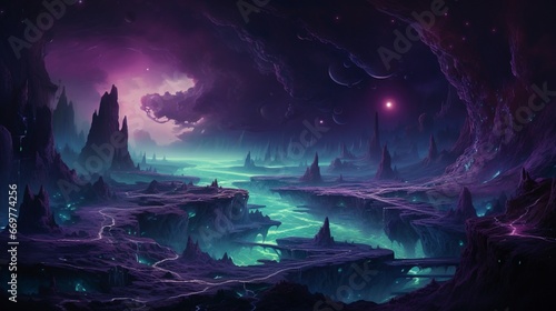 An otherworldly extraterrestrial landscape with swirling hues of deep violet, luminous teal, and hints of phosphorescent green