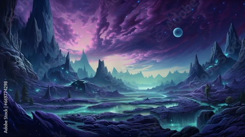An otherworldly extraterrestrial landscape with swirling hues of deep violet, luminous teal, and hints of phosphorescent green