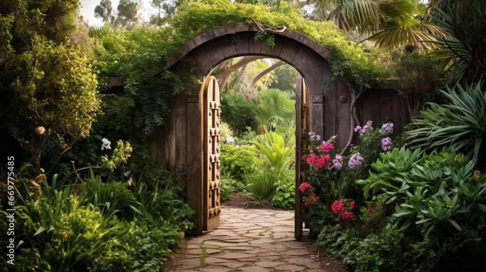 A charming arched wooden gate opening into a secret garden oasis - obrazy, fototapety, plakaty 