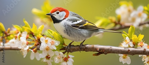 Colorful male Chestnut sided Warbler in breeding plumage perches on leafy branch during spring migration in Canada with scientific name Setophaga pensylvanica photo