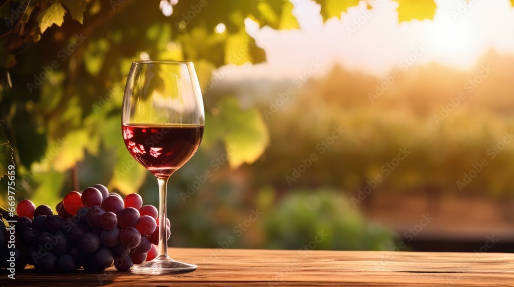 wine glass with red wine on a wooden table overlooking a vineyard in clear weather. raw materials for making wine. copy space. - obrazy, fototapety, plakaty 