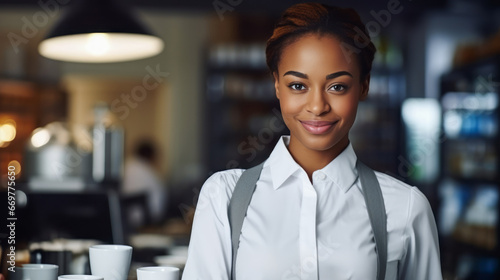 Portrait of young barista woman. Selling smile and coffee. Ai generative
