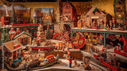 Santa's workshop with toys and gifts for Christmas