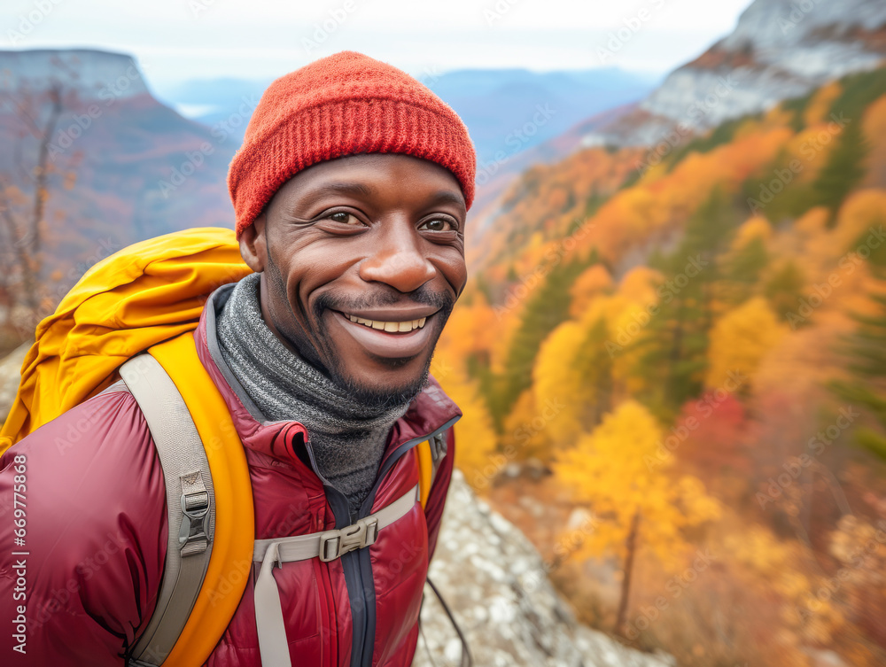 A portrait of smiling black guy tourist in beautiful mountain tracking route. Man wear the sport active wear with backpack. Ai generative