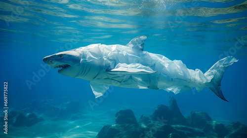 Shark made of plastic bags are swiming in the ocean. Contamination of the Oceans. Marine plastic pollution concept. Environmental pollution. Ai generative