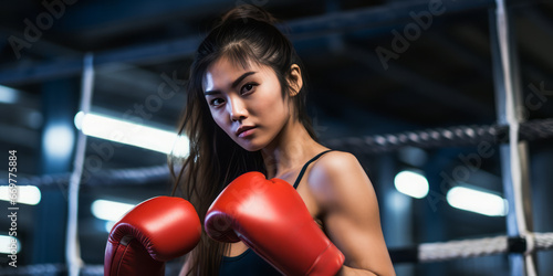 Asian woman in boxing gloves on a ring. Concept of sport training. Ai generative illustration