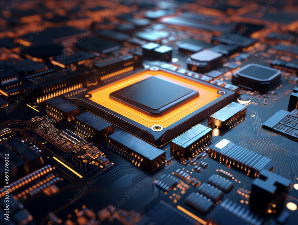 Fototapeta premium Closeup background of motherboard. Circuit cpu microchip digital. Ai generative illustration