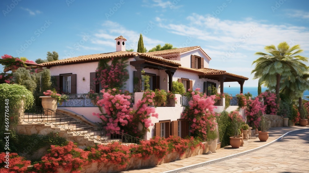 A charming Mediterranean villa with terracotta roofs and vibrant bougainvillaea