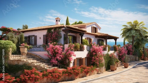 Billede på lærred A charming Mediterranean villa with terracotta roofs and vibrant bougainvillaea