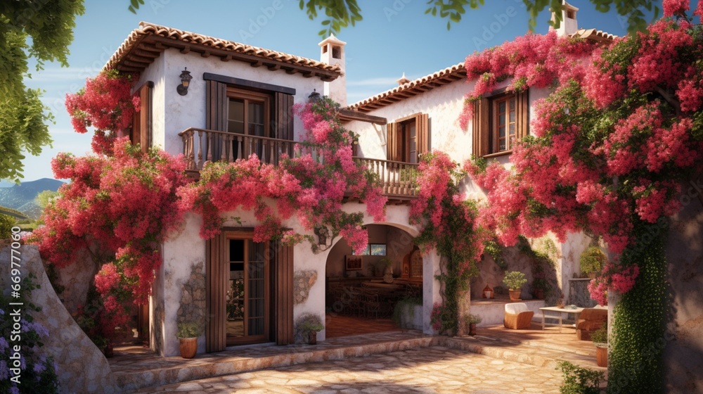A charming Mediterranean villa with terracotta roofs and vibrant bougainvillaea