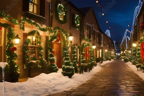 snowy city winding lane Lights a street with holiday downtown denver at christmas decoration © Amila Vector