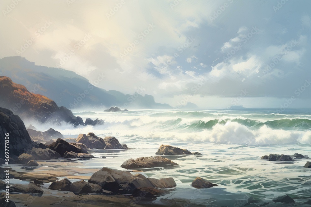A panoramic view of rocky beach with crashing sea waves and surf scene. Generative AI