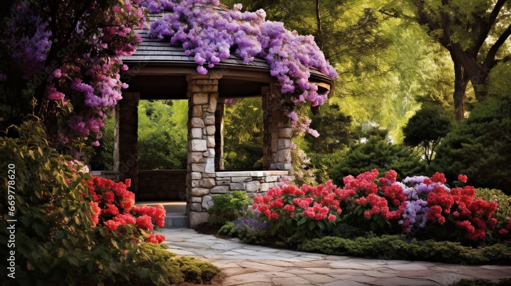 A charming stone gazebo surrounded by a profusion of colorful, fragrant blooms
