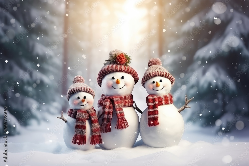 a family of snowmen in a fairy-tale snowy forest wearing a hat and scarf. New Year winter card. Christmas snow characters. cold time.