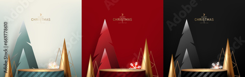 Stage podium Christmas set. Base for product with snowflake, trees on white,red,black background.