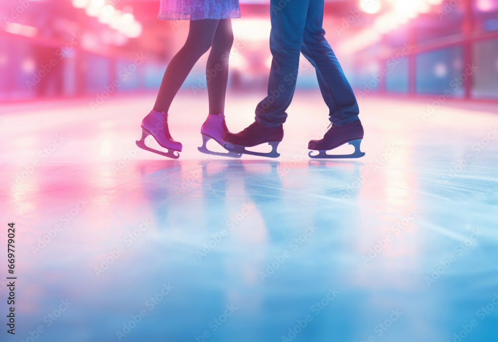 Ice skating couple, romantic, close up of legs and skates, neon pink and blue lighting. Valentines card. Valentines background. Invitation.  - obrazy, fototapety, plakaty 