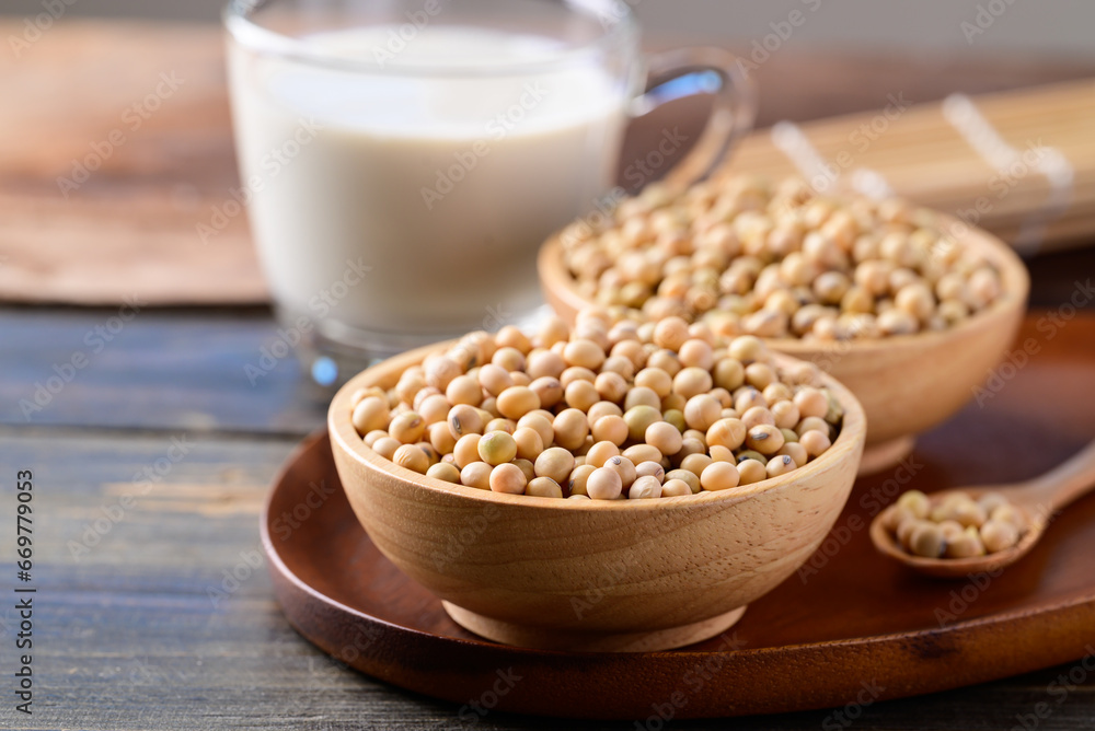 Soybean seed and soy milk on wooden background, Healthy drink Soybean seed and soy milk on wooden background, Healthy drink