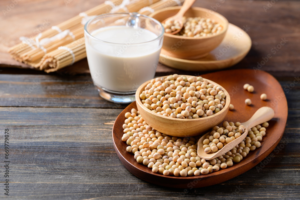Soybean seed and soy milk on wooden background, Healthy drink Soybean seed and soy milk on wooden background, Healthy drink