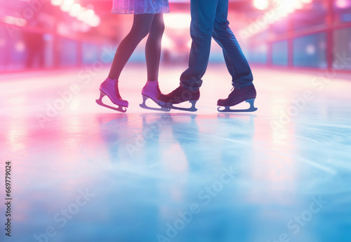 Ice skating couple, romantic, close up of legs and skates, neon pink and blue lighting. Valentines card. Valentines background. Invitation.  photo