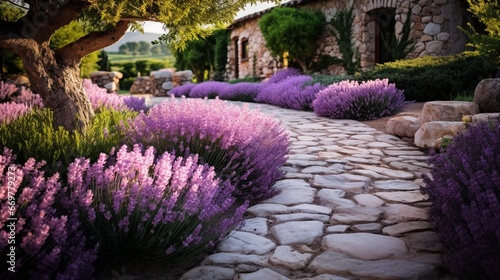A charming stone pathway flanked by vibrant, fragrant lavender bushes