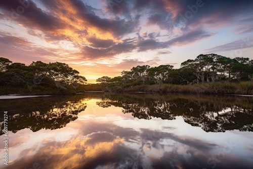 Tranquil coastal lagoon, reflecting twilight sky. Generative AI